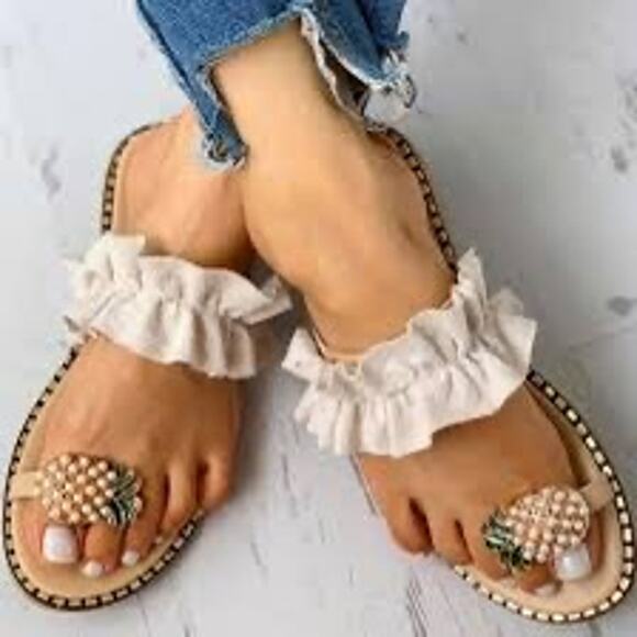 Huayiduo Shoes - Pineapple Toe Ring Sandals 8.5 Summer Beach Cruise Resort Flat Ruffle Shoes